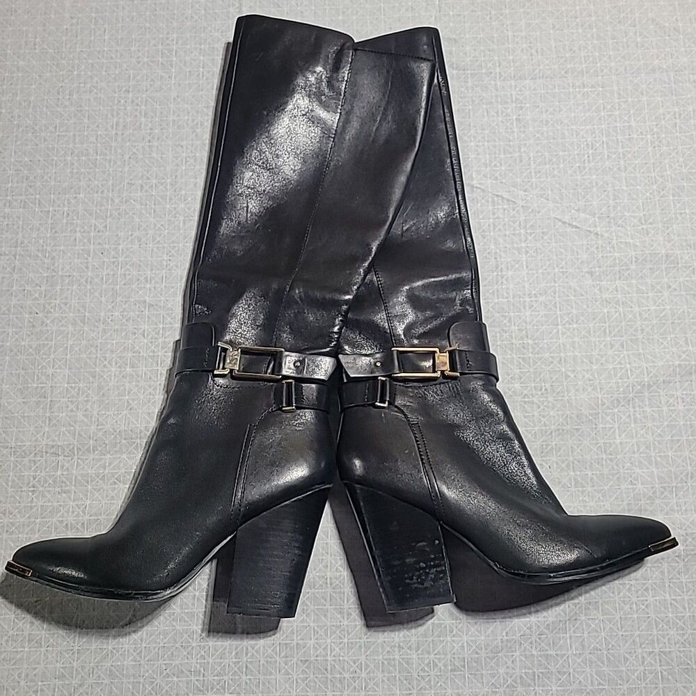 ALDO Knee High Black Leather Block Heel Boots With Gold Buckle Trim And Kick Toe